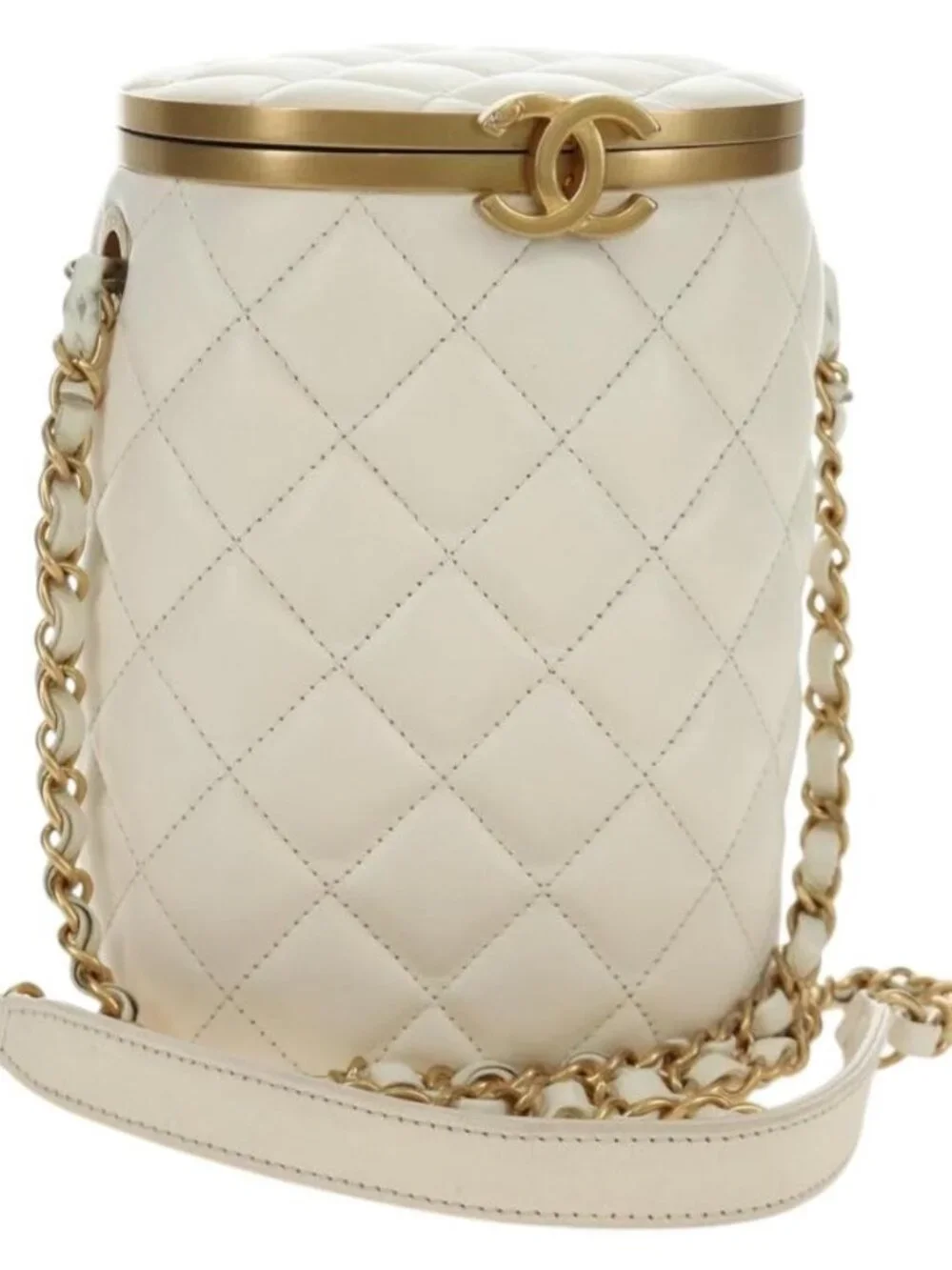 CHANEL Chain Matelasse Shoulder Bag Lamb Skin White Gold CC Auth BA13318M